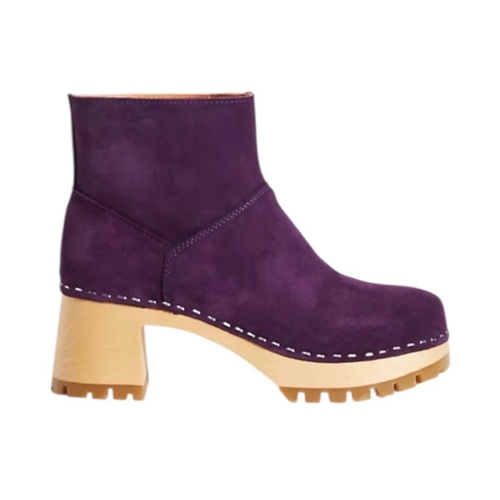 Swedish Hasbeens Viola Suede Pull-On Wooden Platform Heel Clog Booties, Size 37
